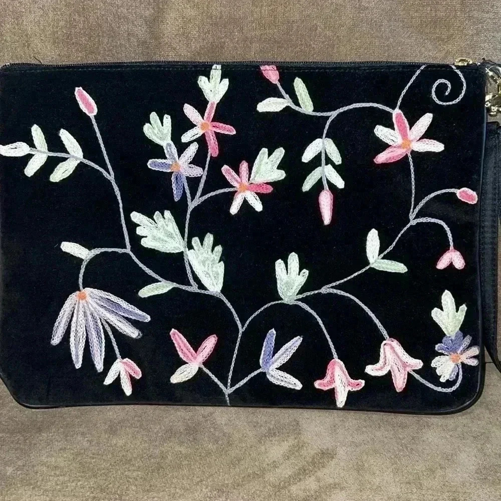 Americana by Sharif Velvet Floral Print Embroidered Large Clutch